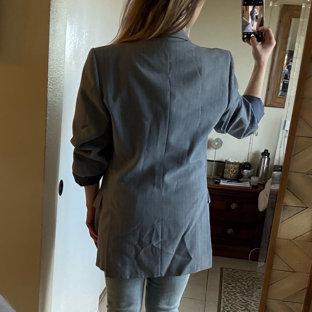 VINTAGE Yves Saint Laurent Light Blue + Tan Plaid Blazer + Removable Fur Collar - Picture 13 of 13